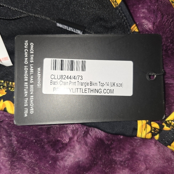 Pretty Little Thing Black Chain Print Triangle Bikini Top NWT Size 10 - Picture 5 of 5